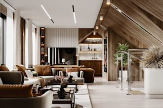 redesign 3d contemporary house interior,open plan layout,living room render,skp