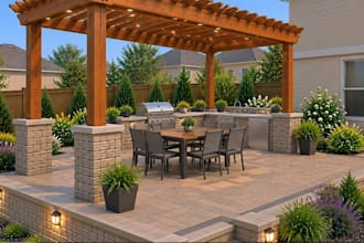 redesign luxury backyard landscape, 3d patio layouts, cgi outdoor kitchen island