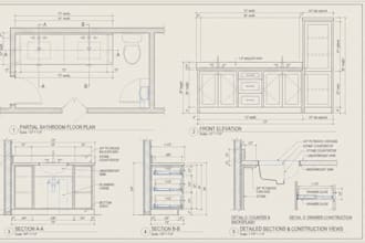 design bathroom vanity cabinets with floor plans, elevations, and sections