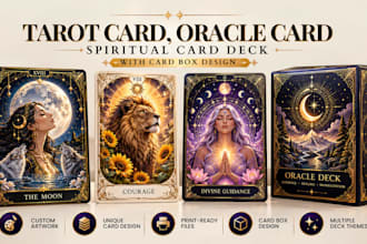 design custom tarot card, oracle card, spiritual card deck with card box design
