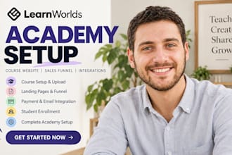 setup learnworlds academy, course website, sales funnel, and integrations