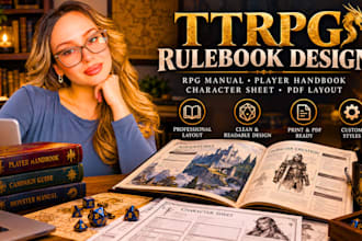 design ttrpg rulebook, rpg manual, player handbook, character sheet pdf layout