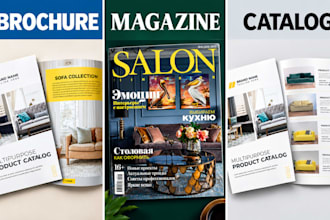 multipage brochure trifold, magazine ads, layout, and catalog newspaper booklet