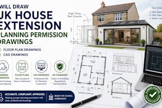 draw UK house extension planning permission drawings floor plan and cad drawings
