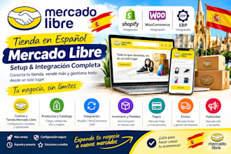 setup spain mercado libre store integrate woocomerce shopify erp ads envios pago