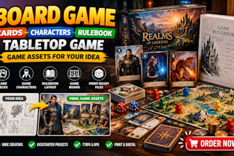 design board game cards characters rulebook layout tabletop game design