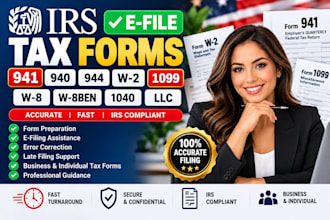 efile form 941, 940, 944, w2, 1040, w9, w8 ben and llc taxes