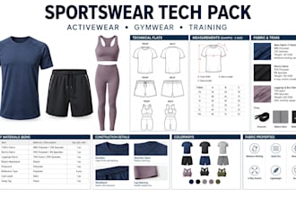 create a sportswear tech pack for activewear and gymwear for production