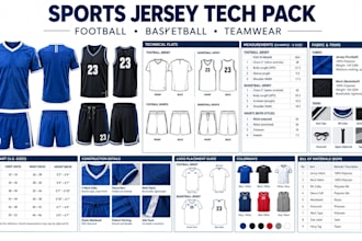 create a sports jersey tech pack for football and basketball for production