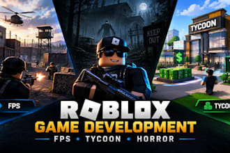 build an interactive roblox fps game, roblox tycoon game, roblox horror game