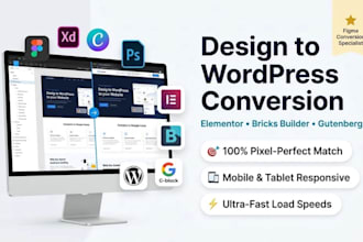 convert figma, PSD, xd or canva to wordpress via elementor, bricks or gutenberg