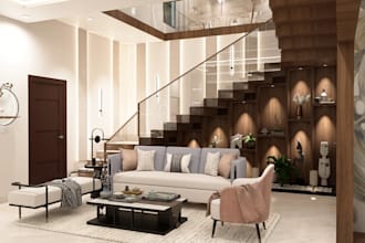 biophilic 3d foyer living room,open plan concept,sofa interior,staircase design
