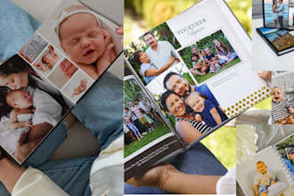 design a photo book layout, wedding album, photo collage, or coffee table book
