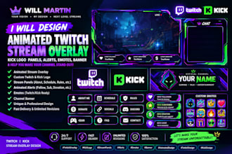 design twitch and kick stream graphics, gaming logo, panels, banners and overlay