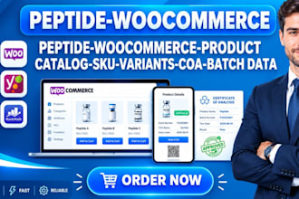 setup research peptide woocommerce product catalog sku variants coa batch data