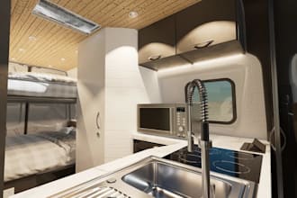 design luxury 3d motorhome, rv, camper van, food truck interior with rendering