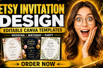 create etsy digital invitation, wedding invitation card with canva template