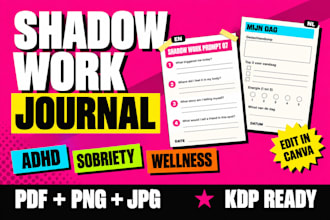 do canva shadow work journal design adhd, sobriety and wellness journal template