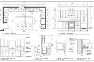 draft kitchen floor plan, kitchen layouts, section, and elevation in autocad