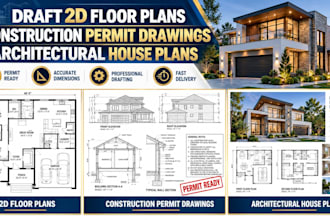 draft 2d floor plans, construction permit drawings and architectural house plans