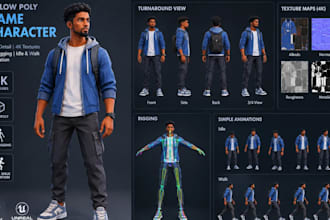 model 3d low poly character, rigging for game, asset, animation