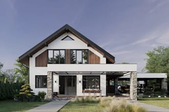 chalet house facade,terrace patio design,backyard render,3d visual for marketing