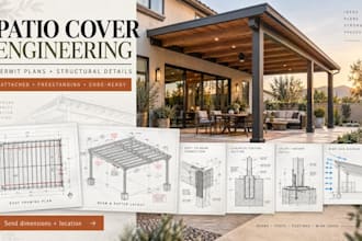 prepare patio cover plans with wind loads beam sizing and foundation plans
