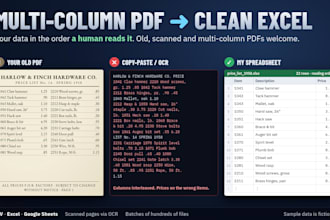 extract multi column and scanned PDF data into clean excel or csv