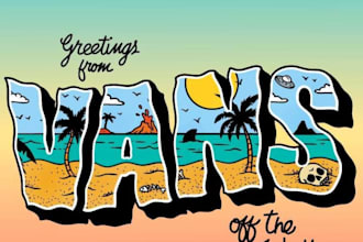 draw a retro beach summer logo with hand drawn vintage vector artwork