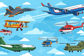 draw helicopter , airplane , aircraft , into vector style