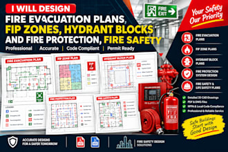 design fire evacuation plans, fip zones, hydrant blocks and fire safety systems