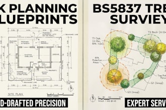 design a UK planning site plan, tree survey, and tree protection plan