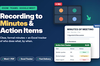 write meeting minutes from zoom or teams recordings with action item tracker