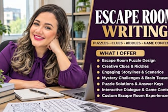 create immersive escape room puzzles, clues, riddles and game content