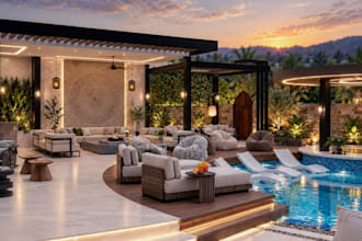 renovated 3d exterior landscape render, house villa luxury apartment architect