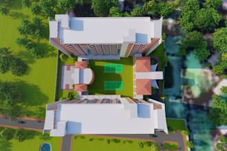 3d student dormitory facility, college hostel exterior, paddle court, dorm room