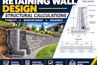design retaining walls, drainage plan with structural calculation and drawings
