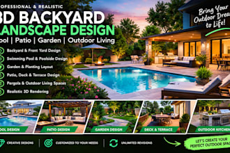 design 3d backyard landscape with pool, patio and garden and 3d rendering