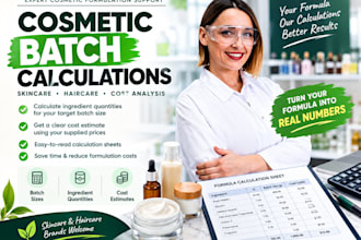 scale cosmetic formulas, calculate batch sizes and review ingredient costs