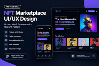 design nft marketplace UI UX with crypto wallet, bidding and trading screens