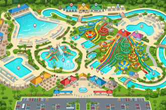 design custom water park maps, illustrated guides and attraction layouts