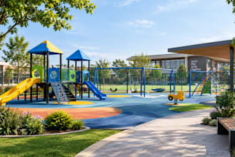 design a realistic 3d playground, kids play area, and outdoor recreation space