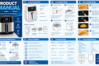 design product manual with technical illustrations and step by step guides