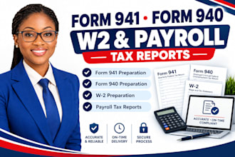 prepare form 941, form 940, w2 and payroll tax reports