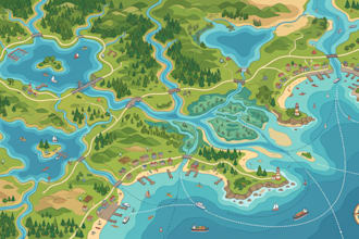 design illustrated waterway map, river map, marine map, coastal and terrain map