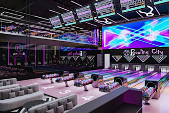 design a professional 3d bowling center interior