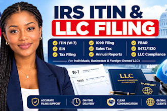 file irs itin w7 ein tax 1099 sales tax fbar 5472, 1120 annual reportsfor llc