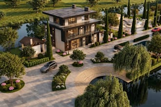 redesign 3d private villa exterior,modern cgi residence duplex,playground render
