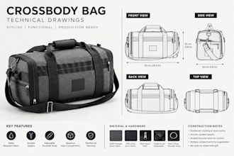 crossbody handbag tech pack with measurements and materials for manufacturing