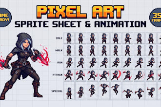 draw custom 2d 16x16 32x32 pixel art character sprite sheet animation game asset